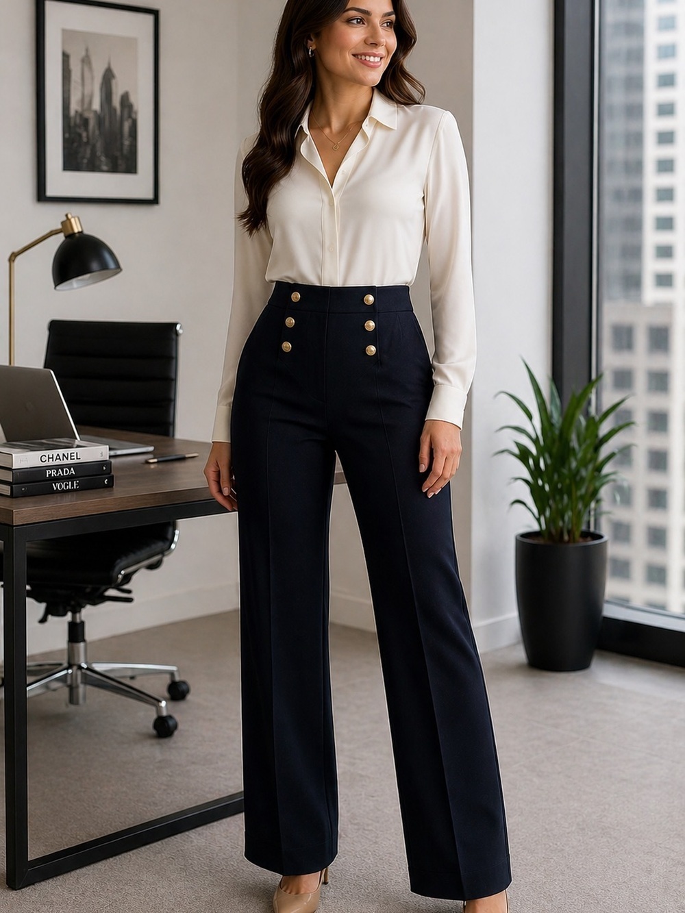 NWT Ryegrass Navy High Waist Button Detail Pants Size 12